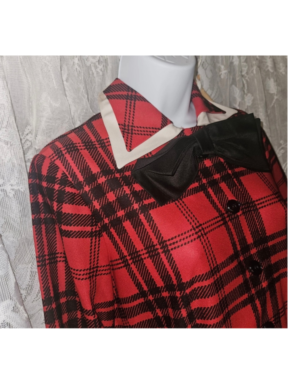 Vintage Herman Marcus Red Tartan Plaid Bow Midi Dress XS USA Made - Picture 9 of 10